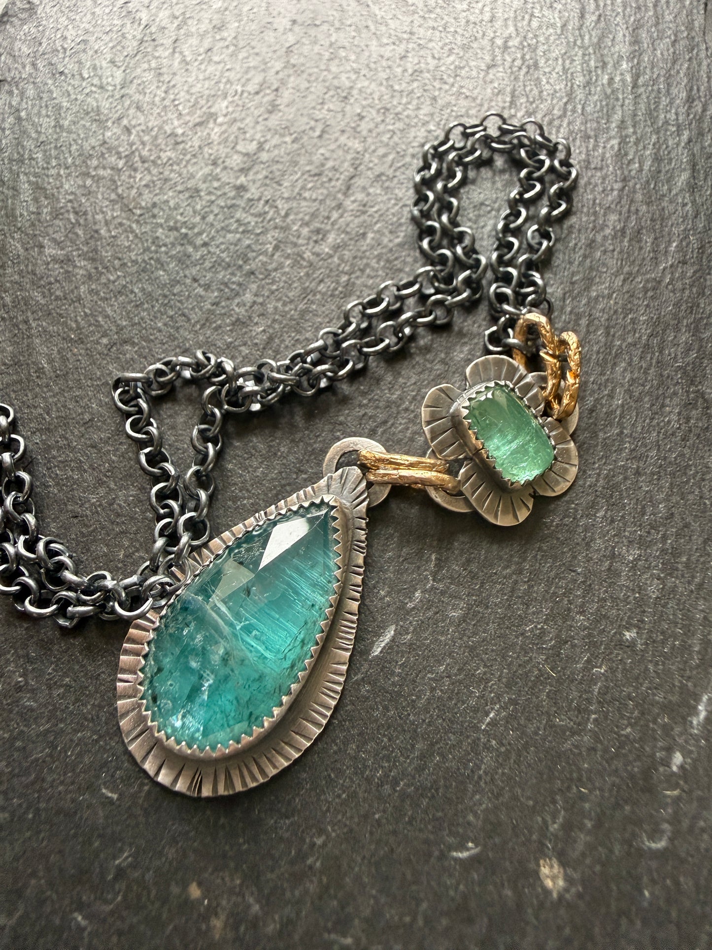 Teal Kyanite and Green Tourmaline Pendant