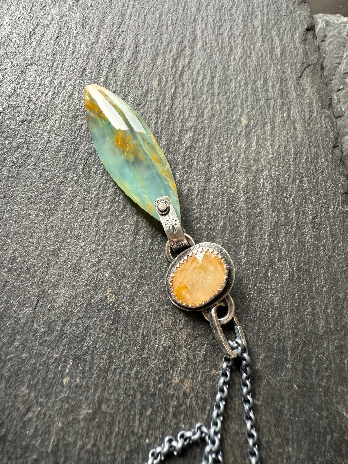 Sapphire and Opalised Wood Pendant