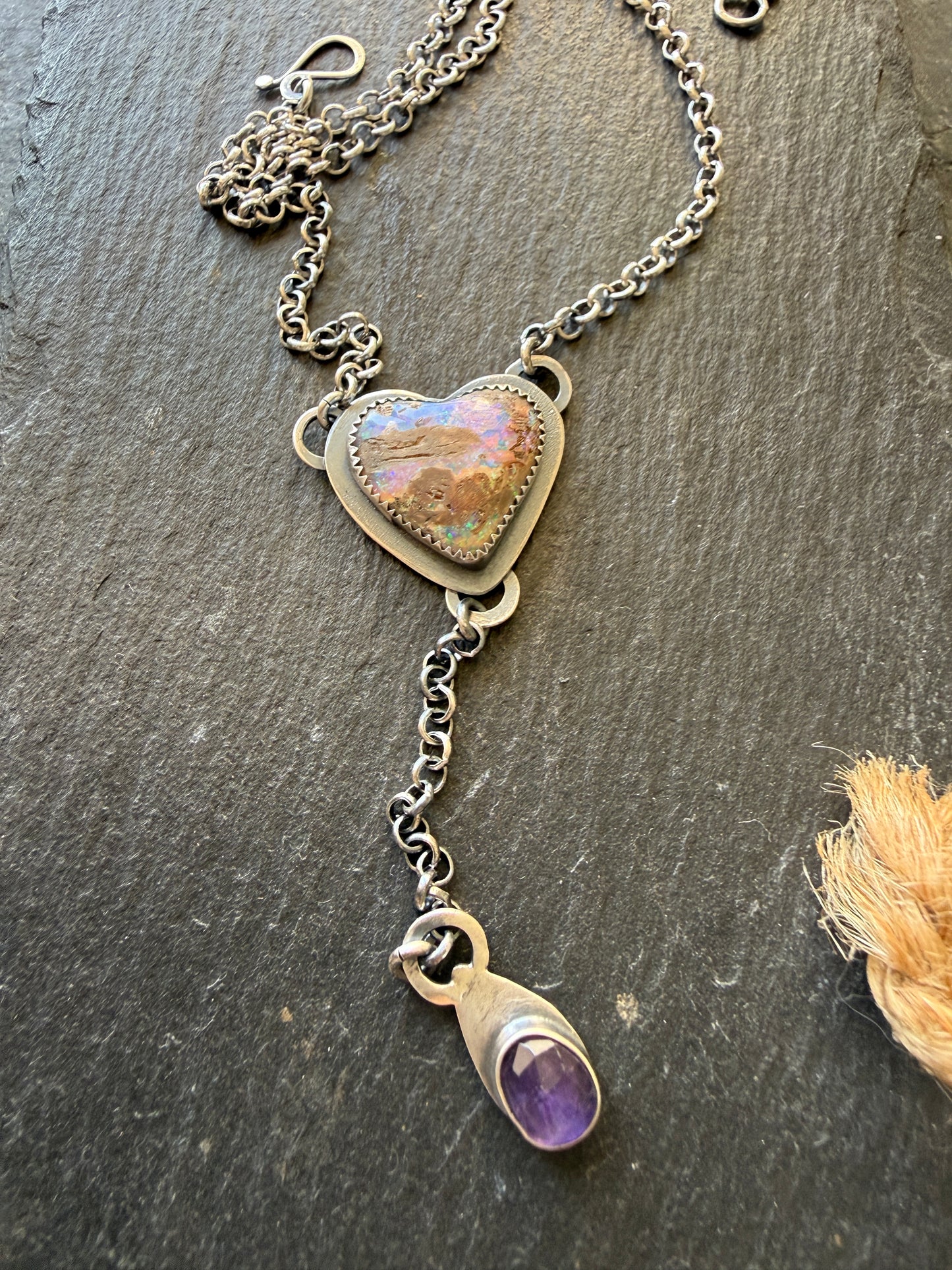 Y Necklace Boulder Opal & Amethyst