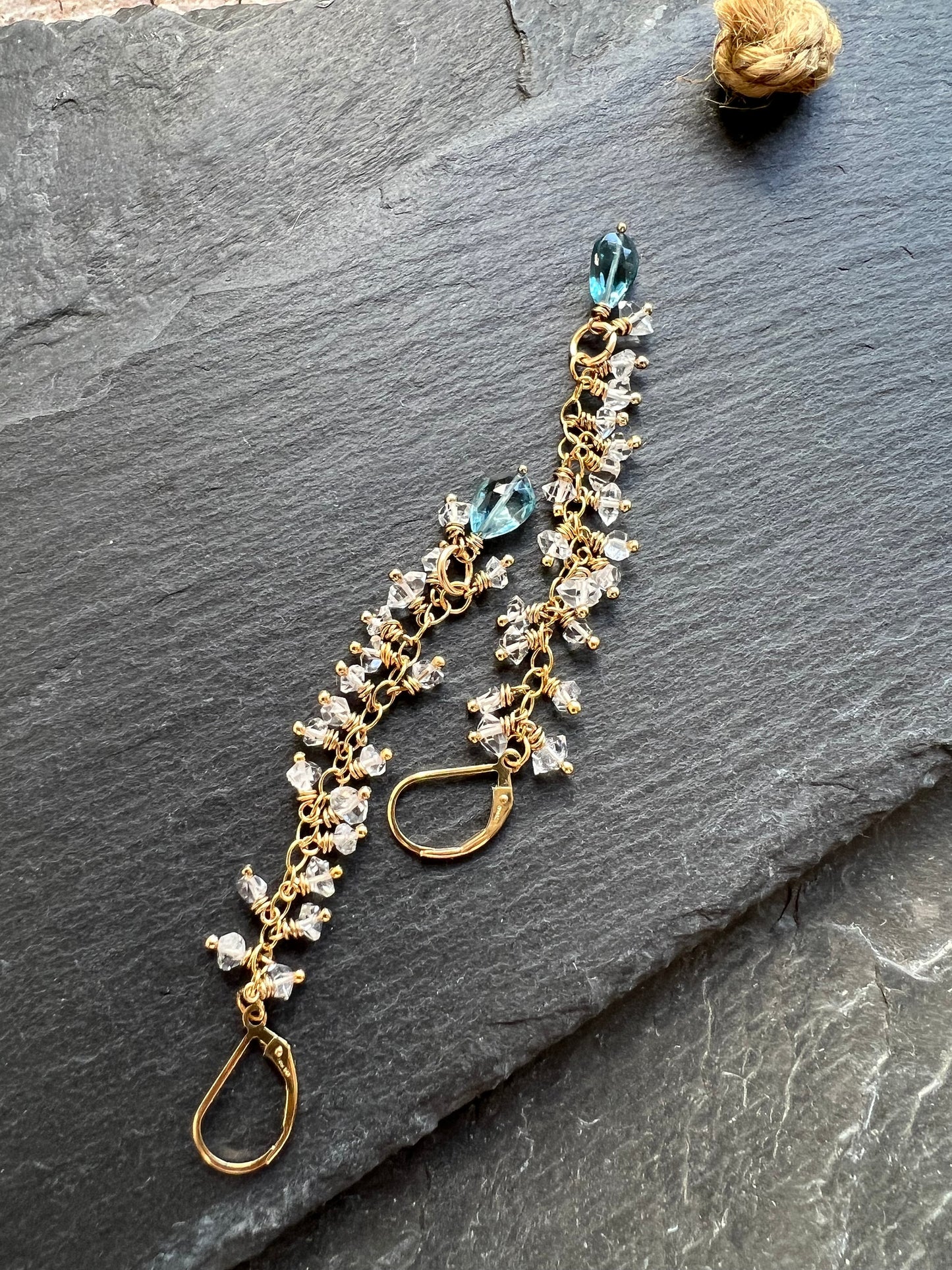 Blue Topaz cascade earrings, Herkimer diamond jewellery, slim dangle earrings, delicate and feminine jewellery