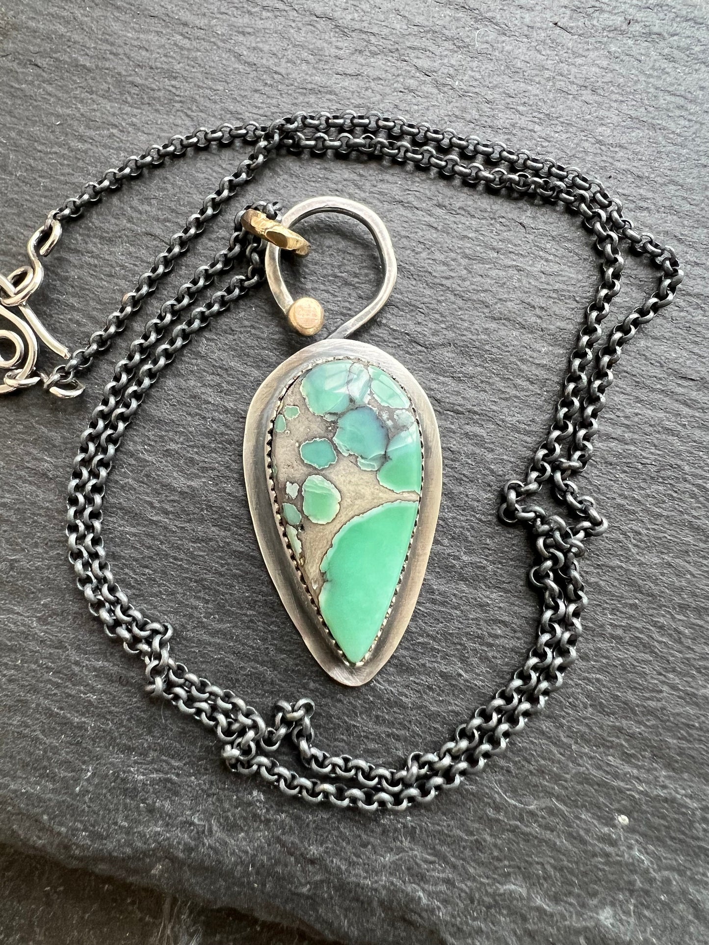 Desert Bloom variscite necklace, mixed metal gold and silver boho jewellery with gemstones