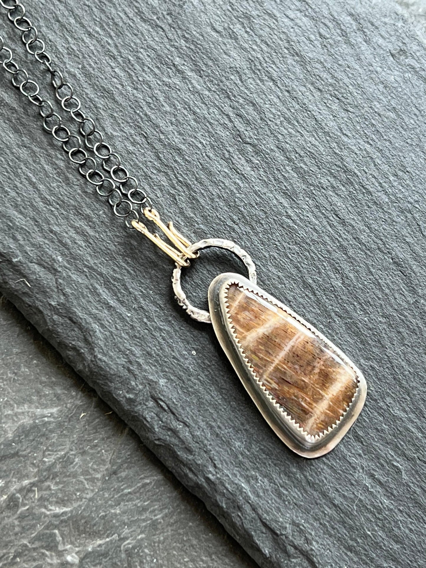 Meteor shower sunstone necklace, mixed metal jewelry, unique stone jewellery