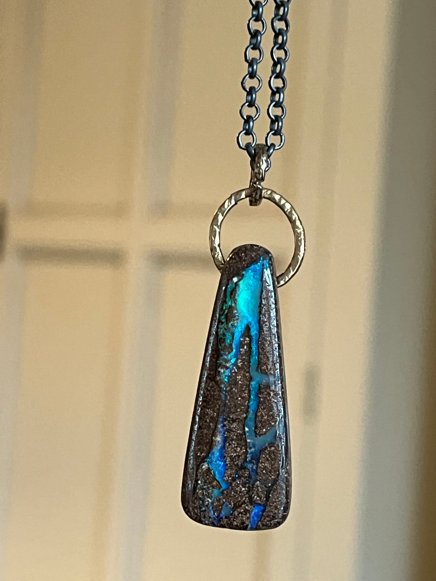 Large Boulder Opal necklace, boho mixed metal Opal jewellery, gemstone and silver necklace