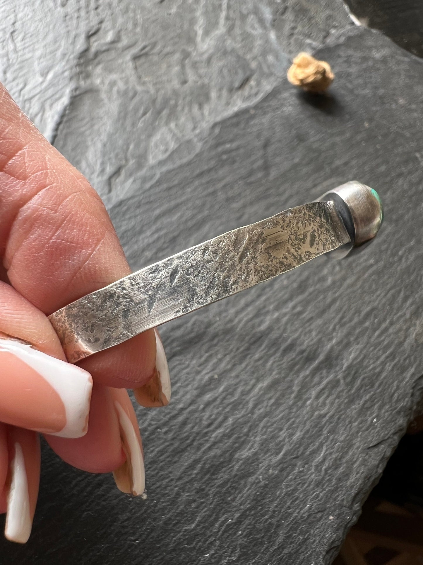 Tyrone Turquoise sterling cuff bangle bracelet, bezel set charm silver stacking braclet, gift for her