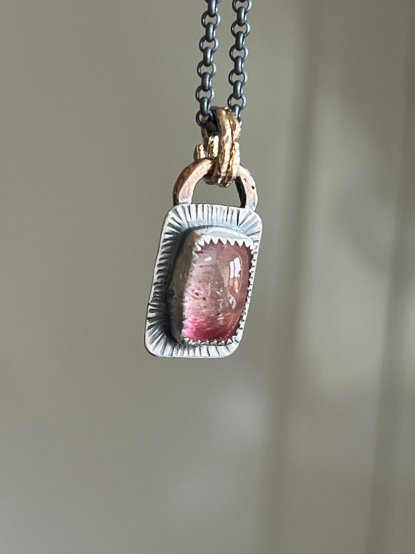 Watermelon tourmaline pendant necklace, bezel set pink gemstone jewellery, gift for her