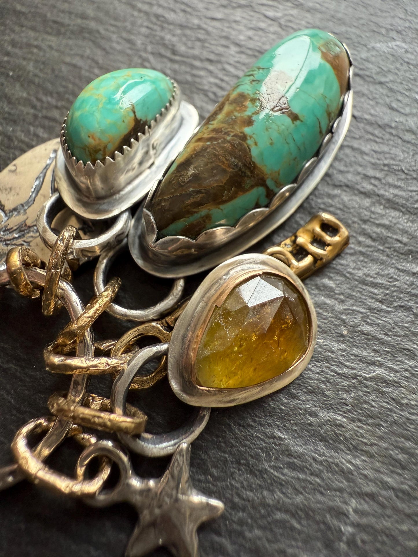 RESERVED for CAROLINE - Multi charm necklace, Turquoise and tourmaline jewelry, mixed metal jewelleryCAROLINE