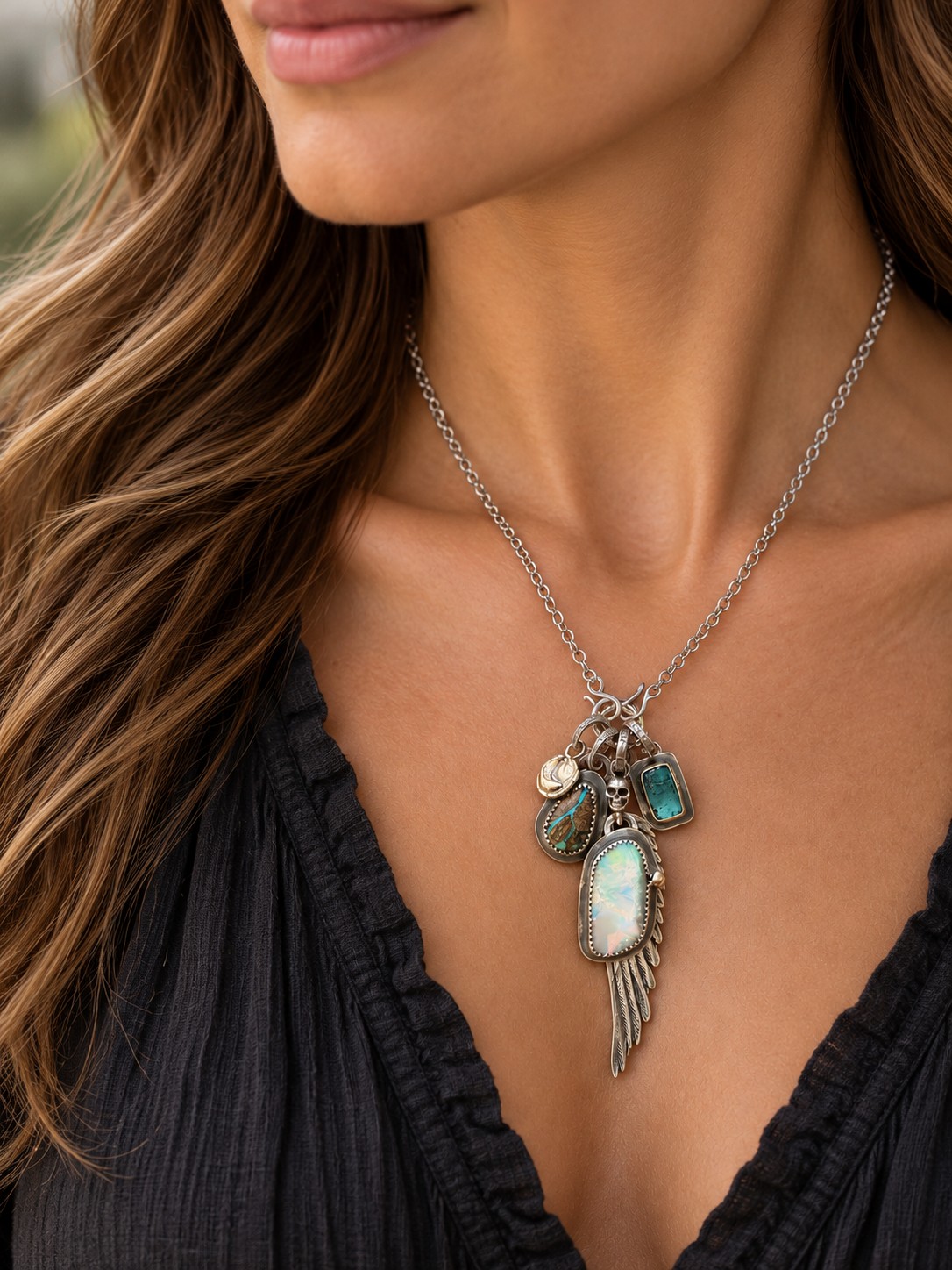 Wing Charm and Gemstone Necklace
