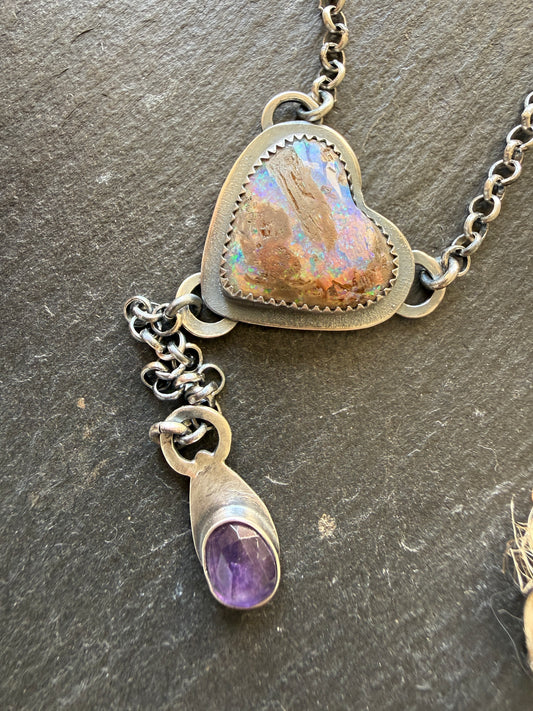 Y Necklace Boulder Opal & Amethyst
