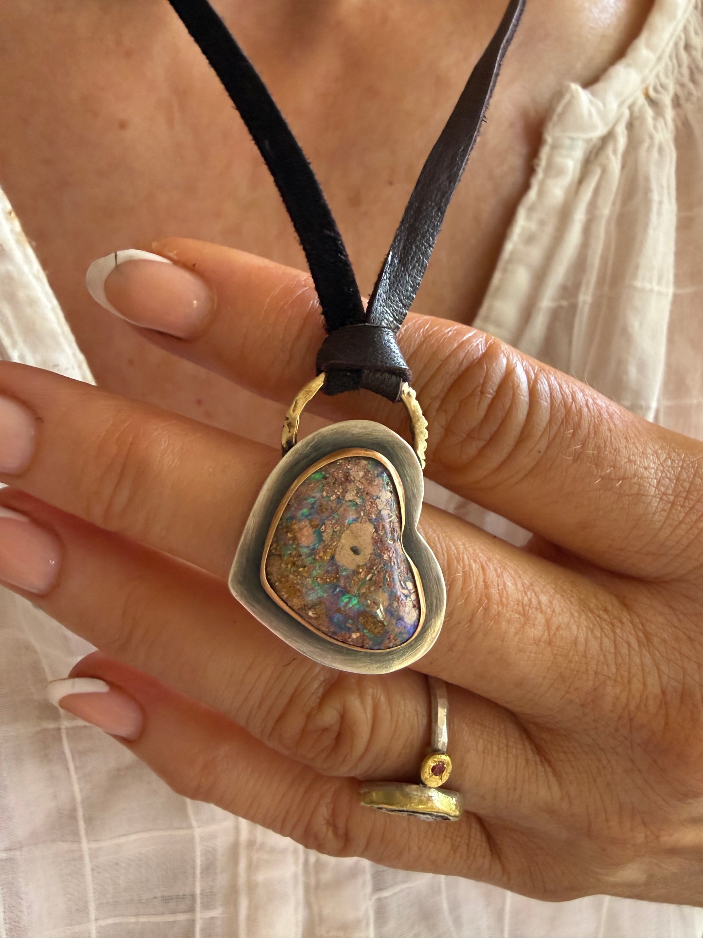Heart Opal Leather Necklace