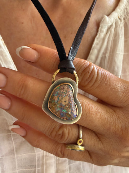 Heart Opal Leather Necklace