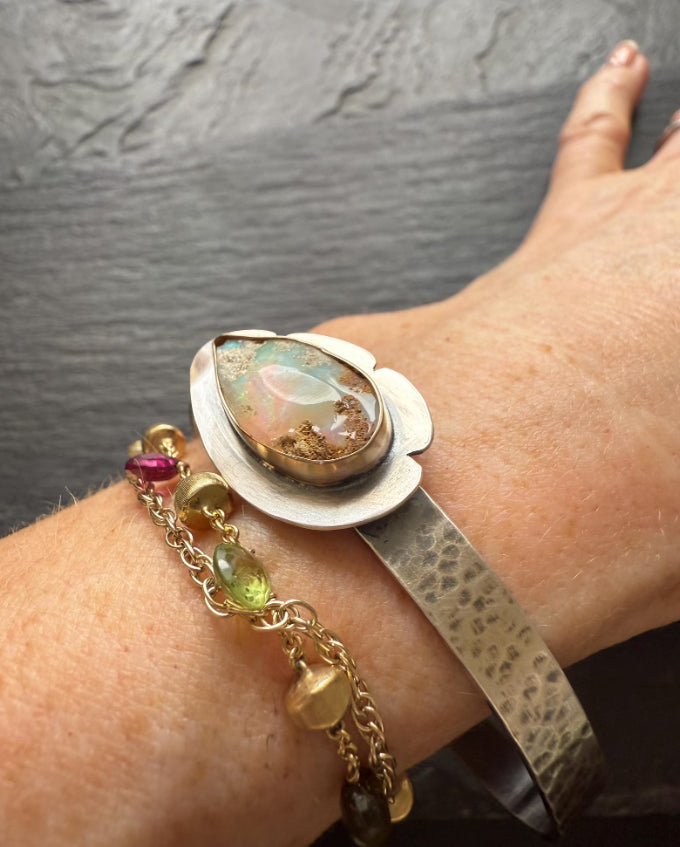 Boulder opal cuff bracelet, gemstone sterling silver boho bracelet, gift for her