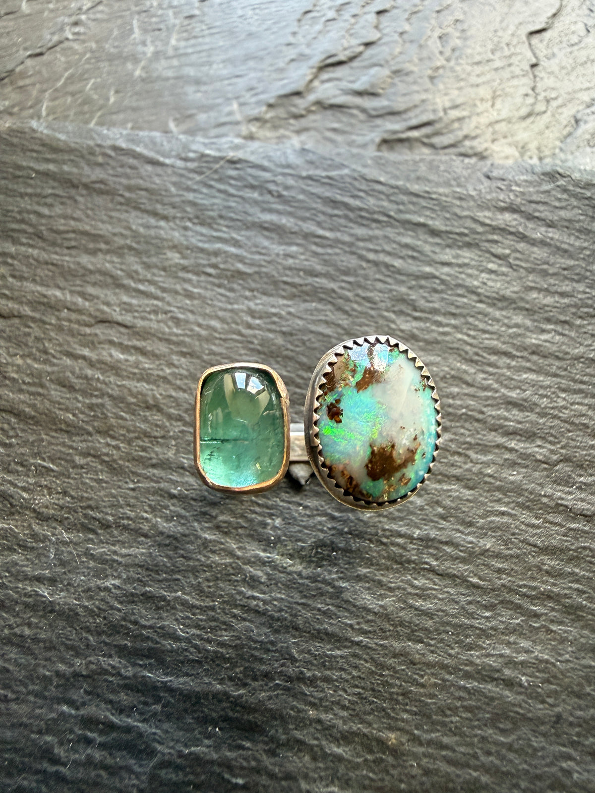 Boulder Opal and Kyanite Ring US P 1/2