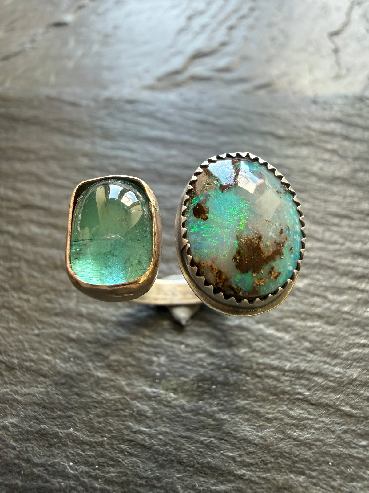 Boulder Opal and Kyanite Ring US P 1/2