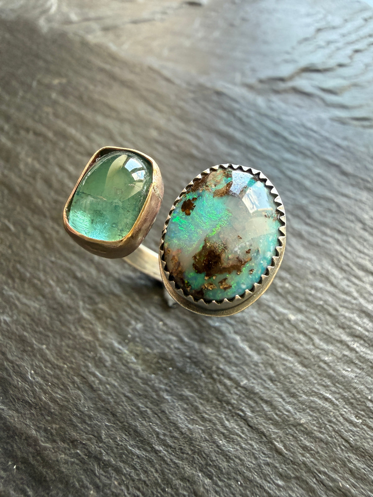 Boulder Opal and Kyanite Ring US P 1/2