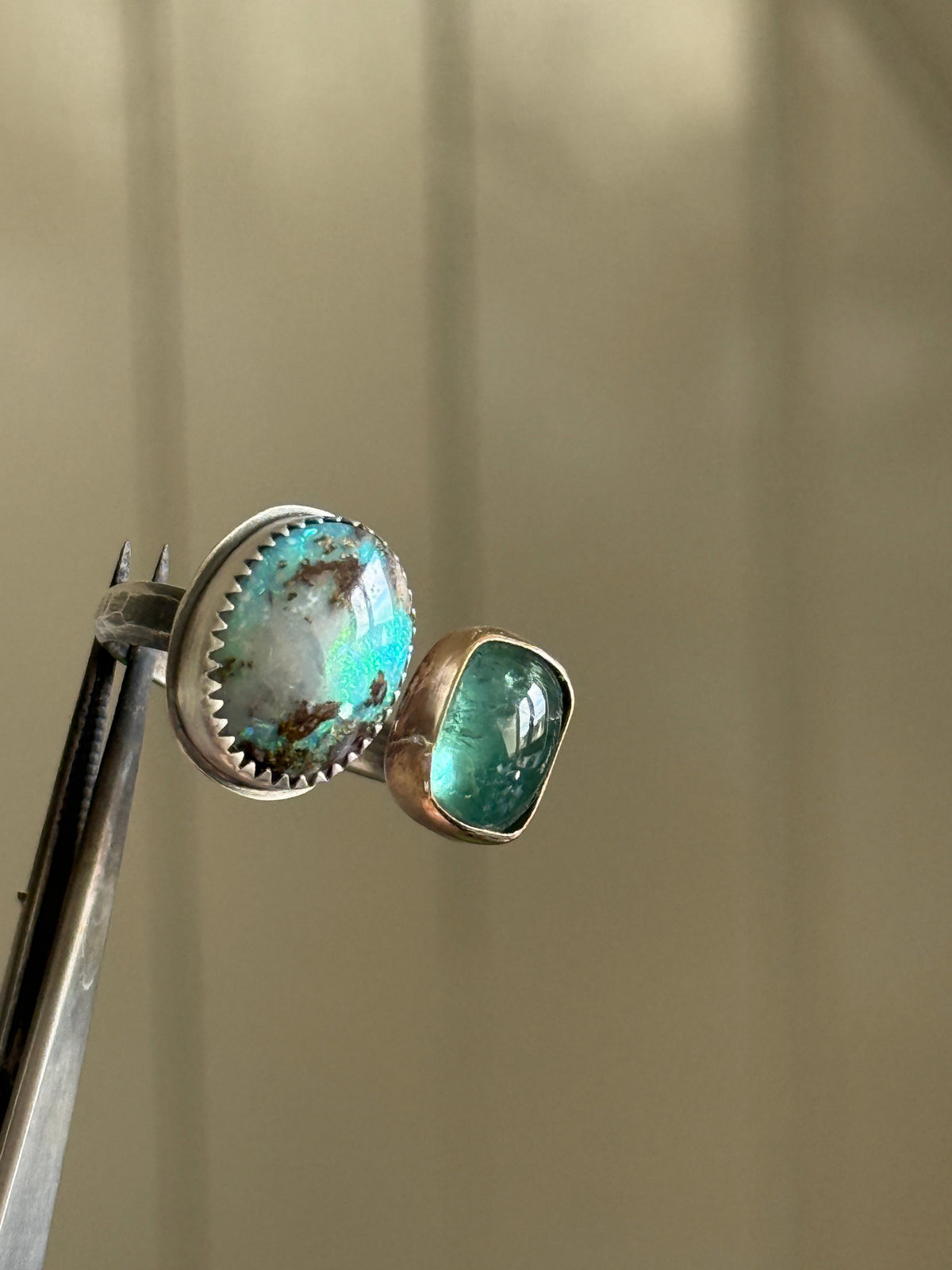 Boulder Opal and Kyanite Ring US P 1/2