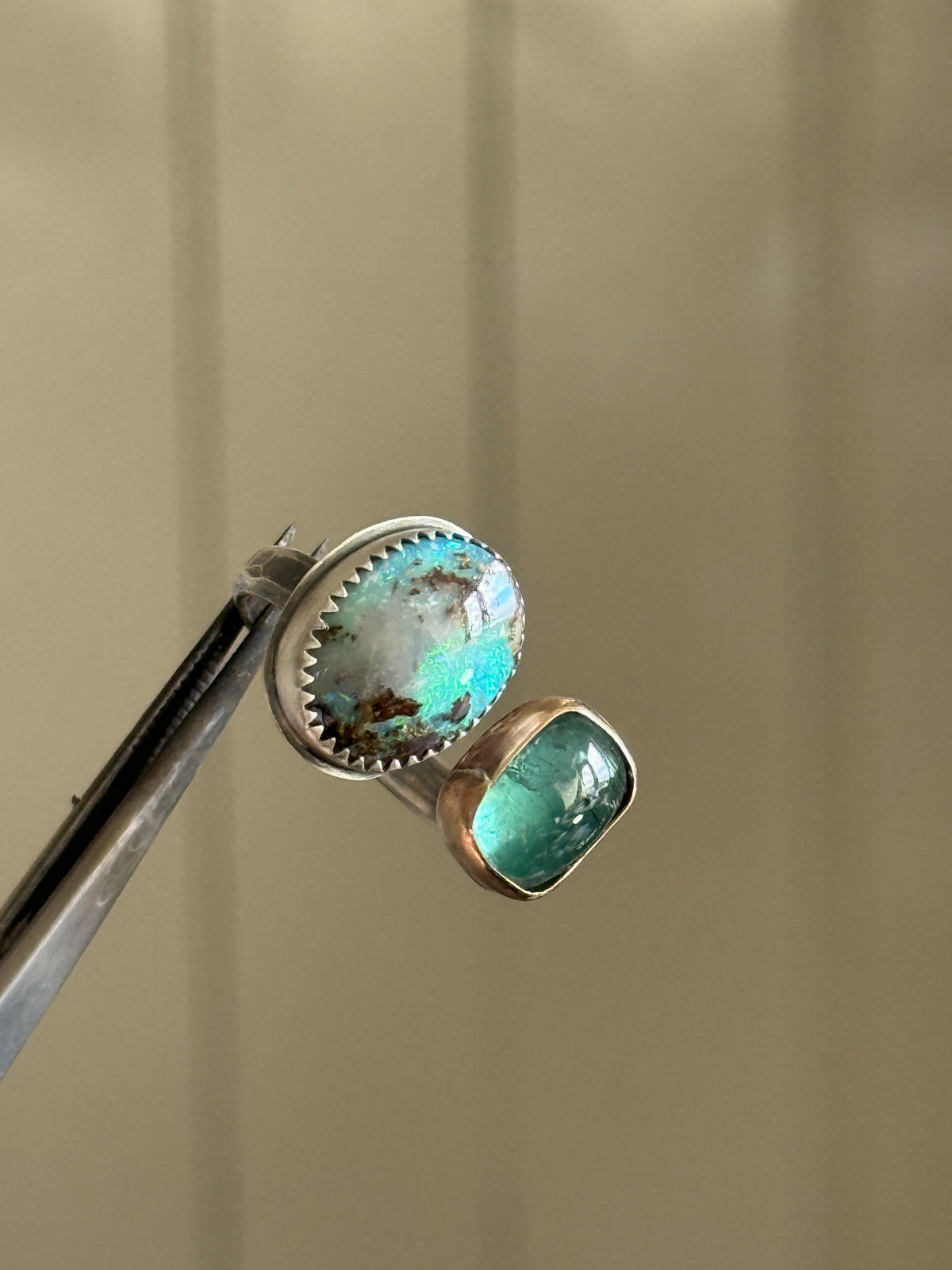 Boulder Opal and Kyanite Ring US P 1/2