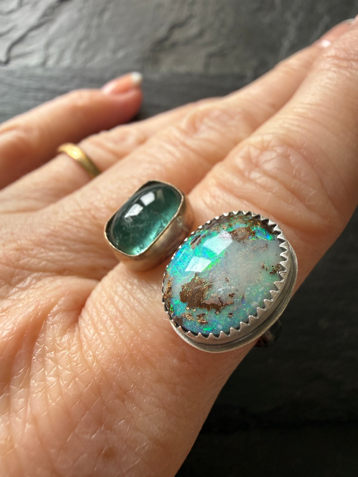 Boulder Opal and Kyanite Ring US P 1/2