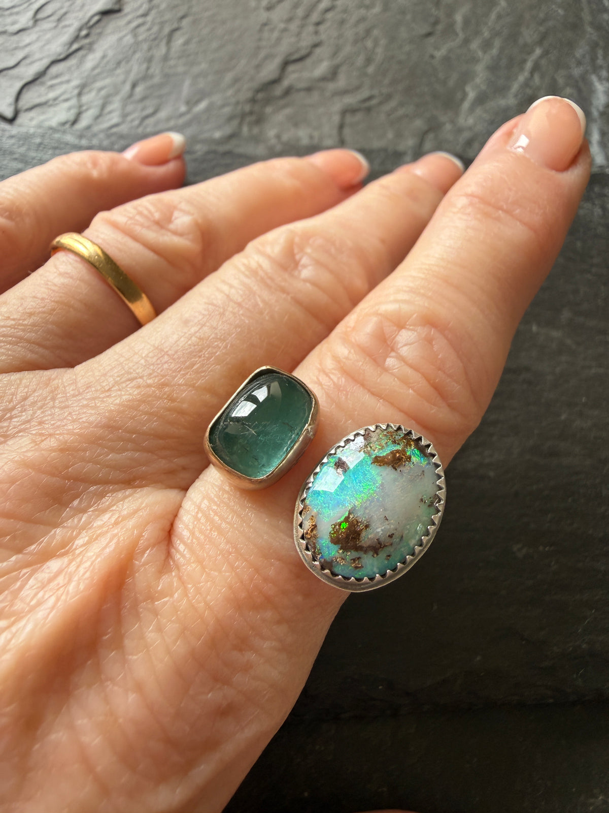 Boulder Opal and Kyanite Ring US P 1/2