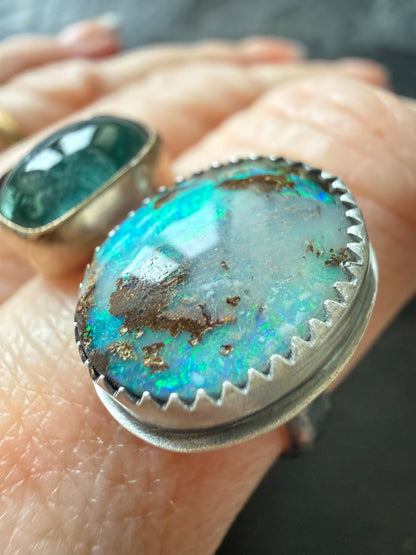 Boulder Opal and Kyanite Ring US P 1/2