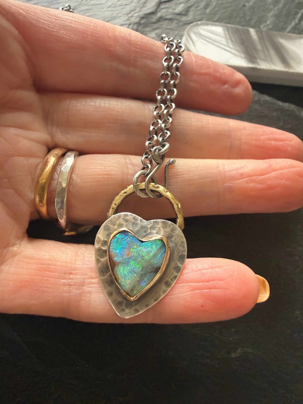 Green and Blur Heart Opal Pendant