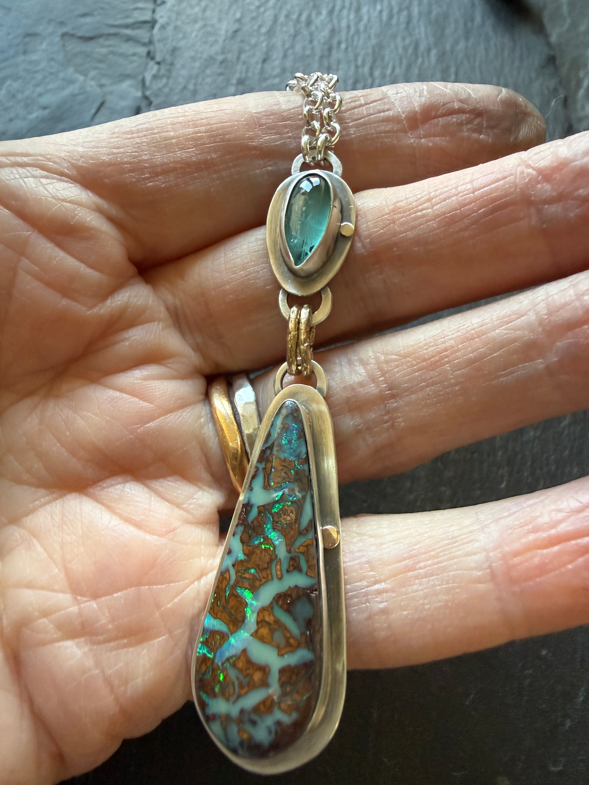 Boulder Opal and Kyanite Pendant