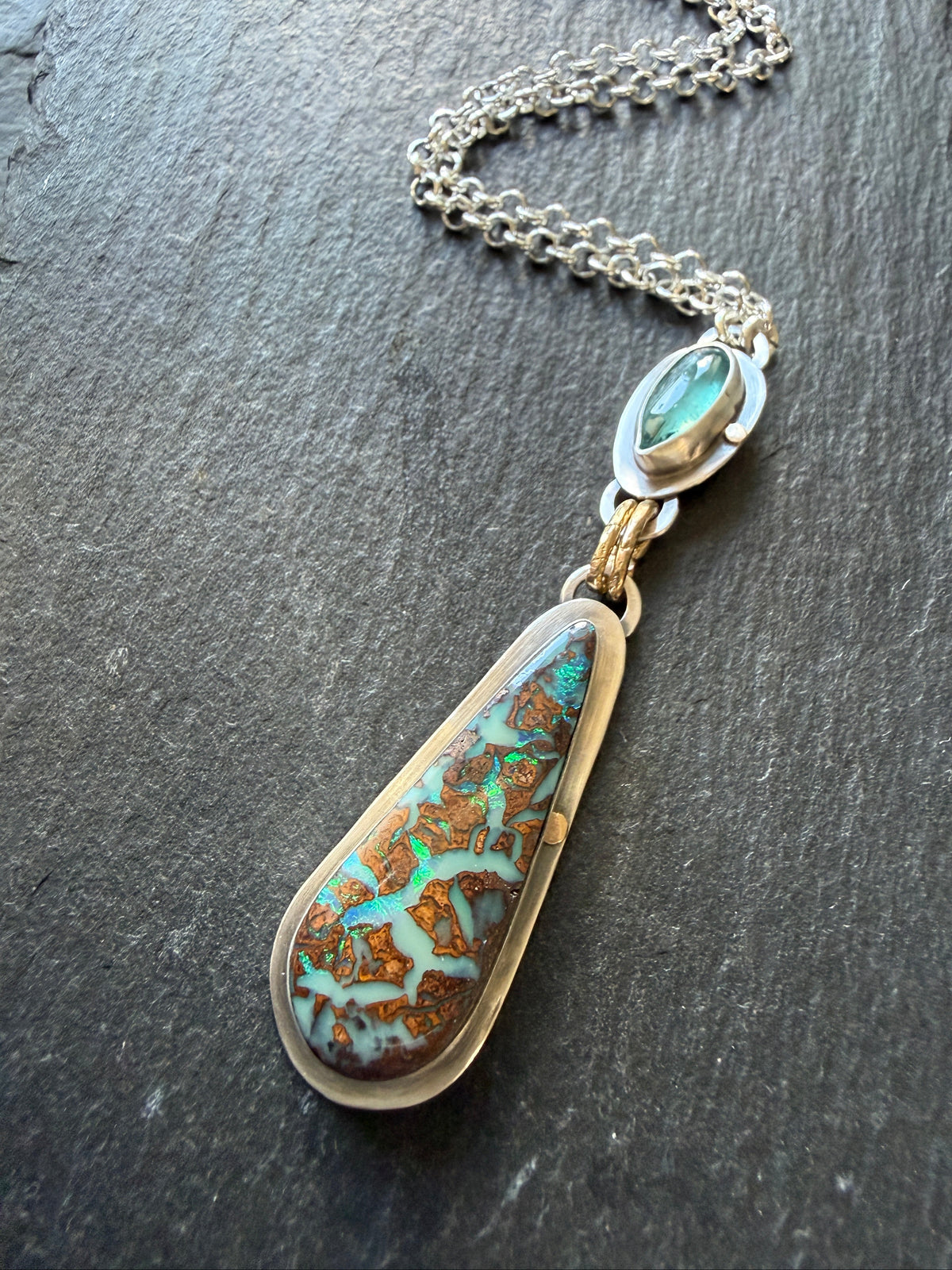 Boulder Opal and Kyanite Pendant
