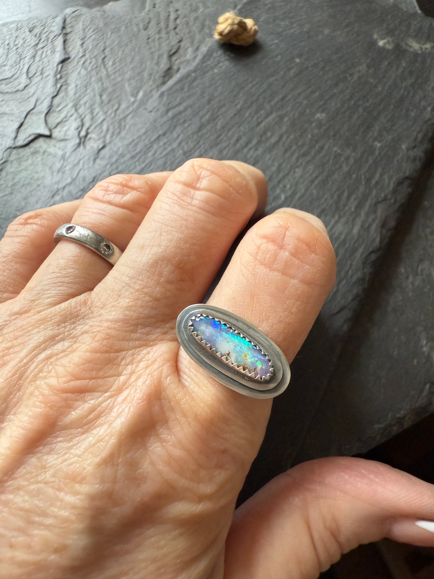 Layered boulder opal ring