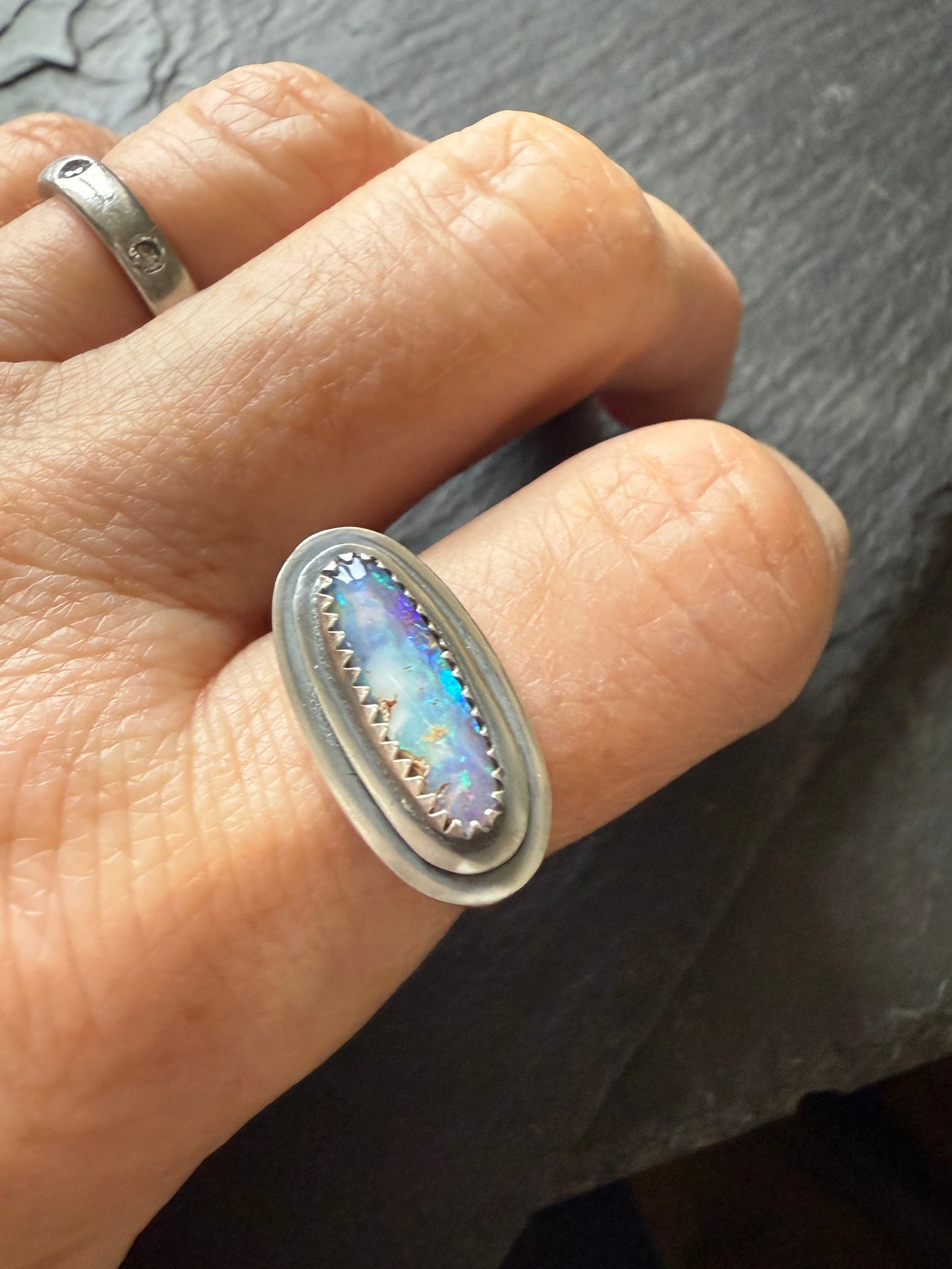 Layered boulder opal ring