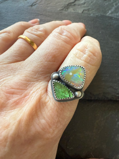 Opal and Tsavorite Garnet Ring 7 1/4 US