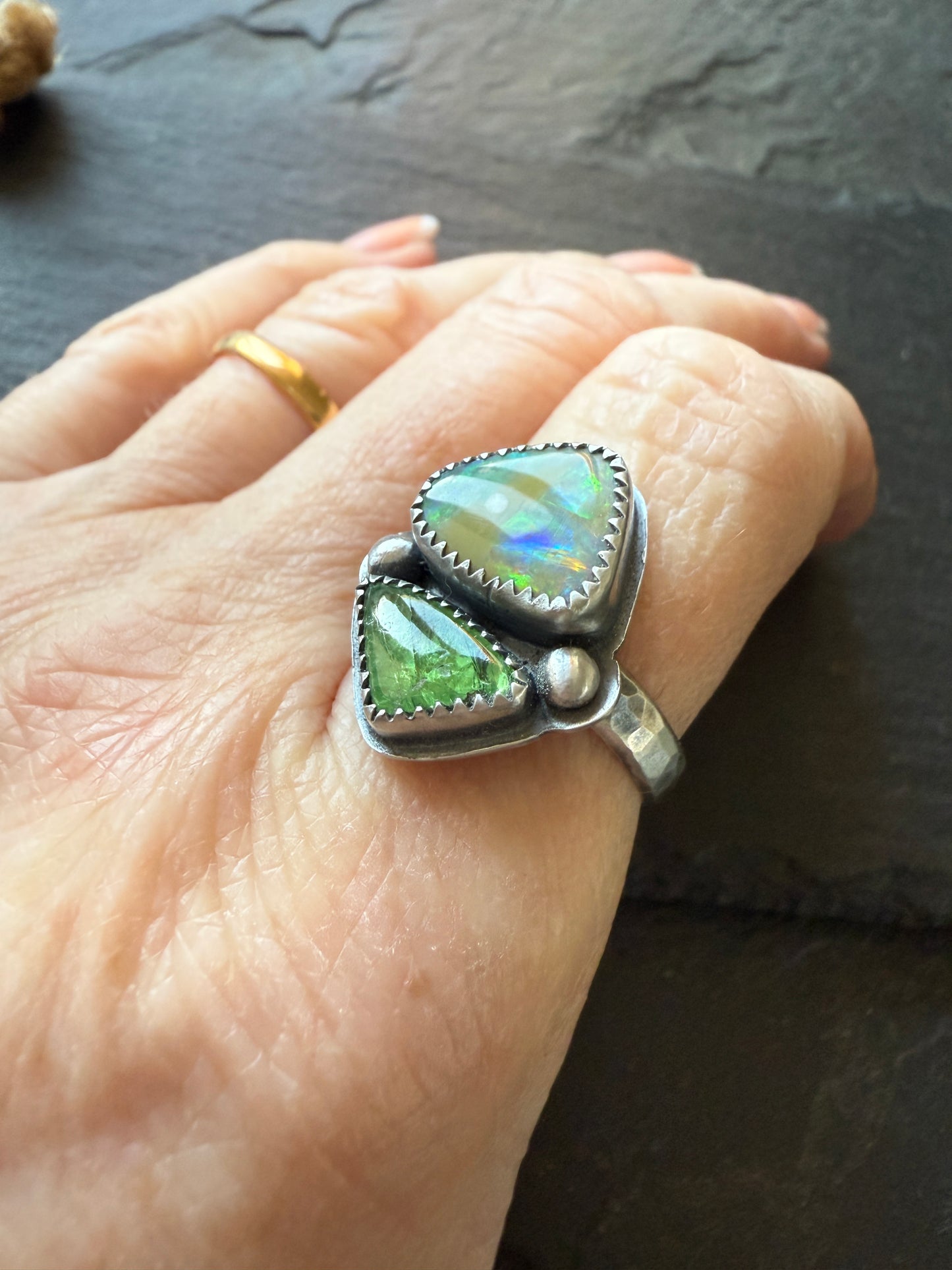 Opal and Tsavorite Garnet Ring 7 1/4 US