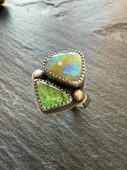 Opal and Tsavorite Garnet Ring 7 1/4 US
