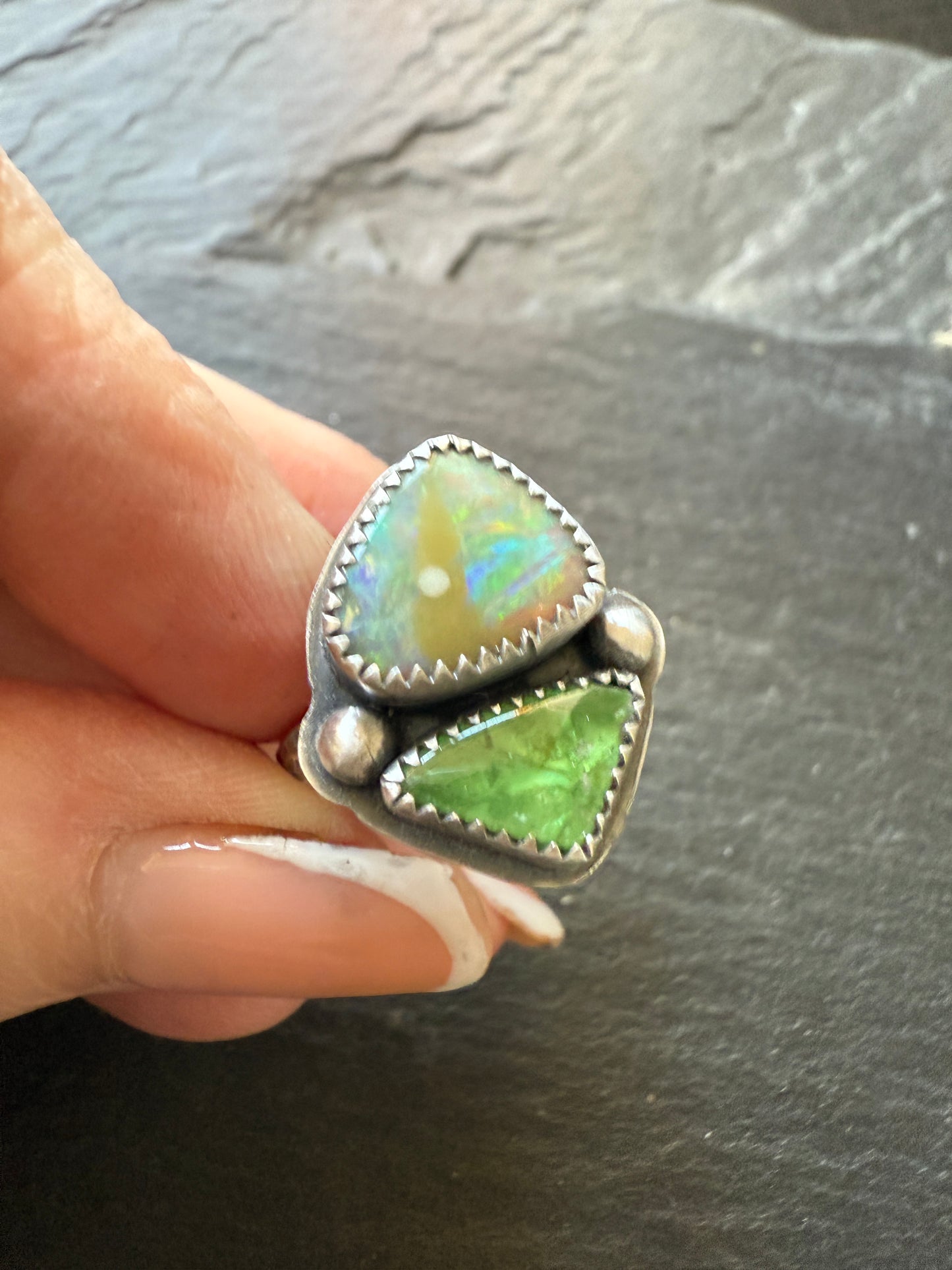 Opal and Tsavorite Garnet Ring 7 1/4 US