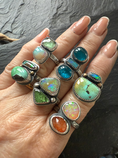 Blue Apatite and opal Ring US 8 UK P 1/2