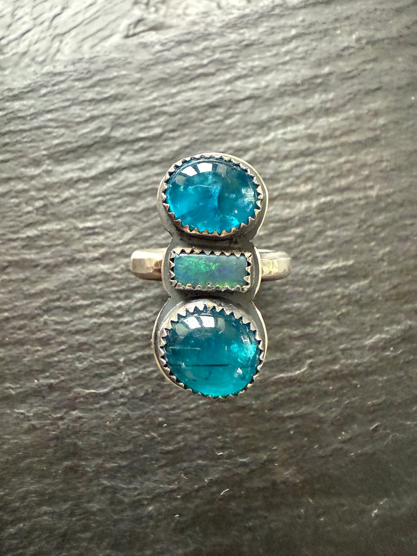 Blue Apatite and opal Ring US 8 UK P 1/2