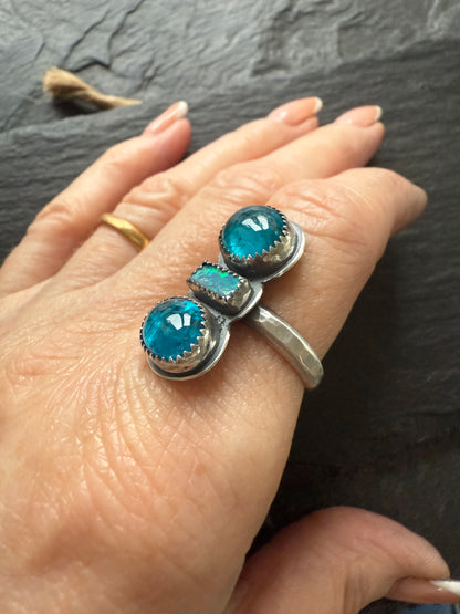 Blue Apatite and opal Ring US 8 UK P 1/2