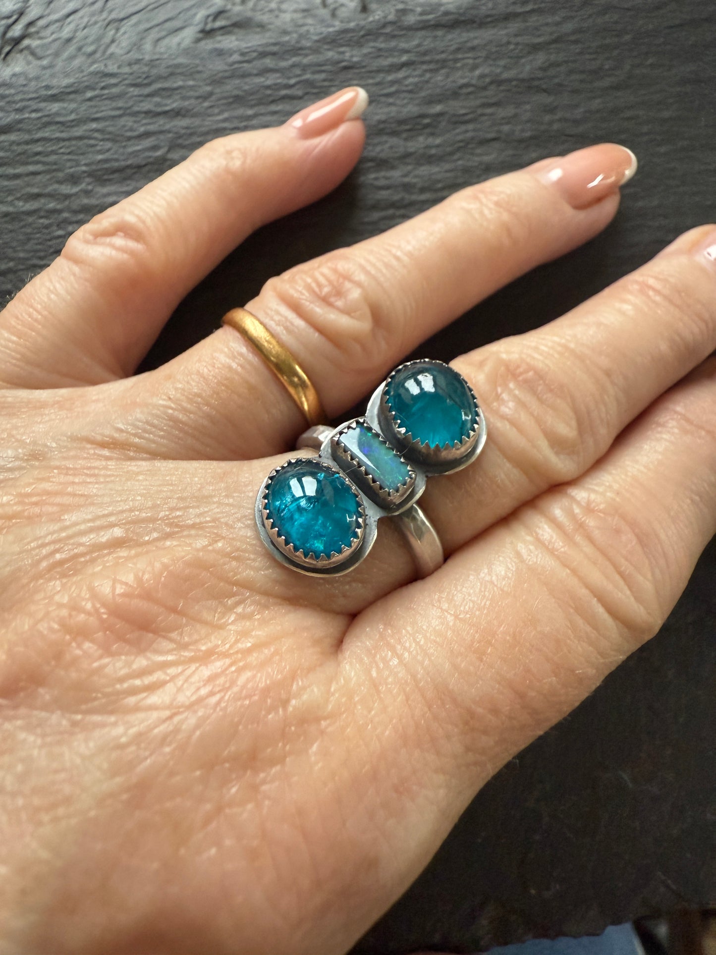 Blue Apatite and opal Ring US 8 UK P 1/2