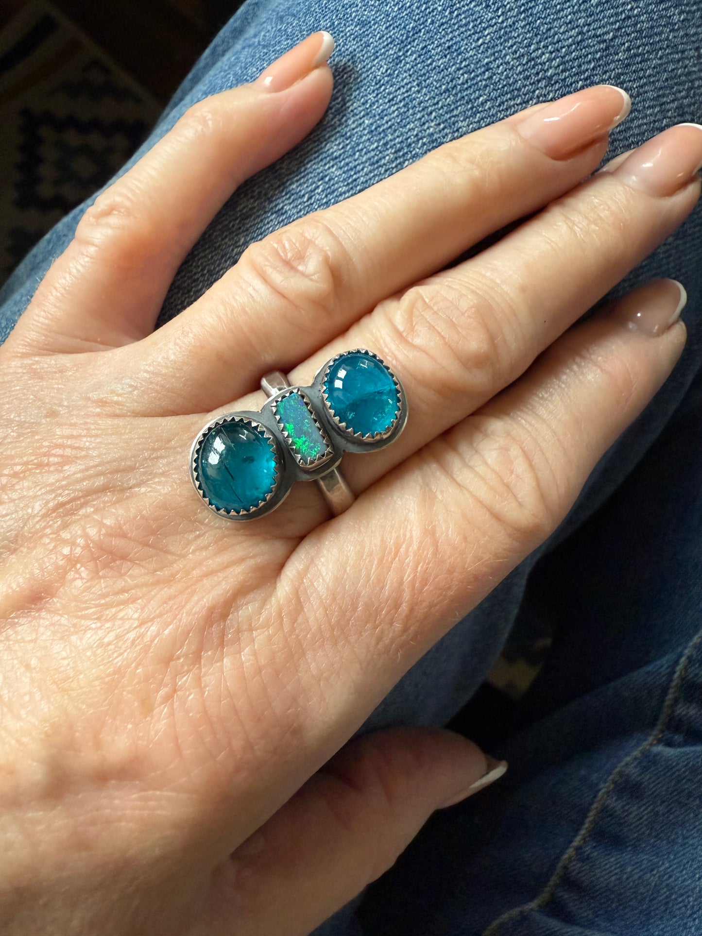 Blue Apatite and opal Ring US 8 UK P 1/2