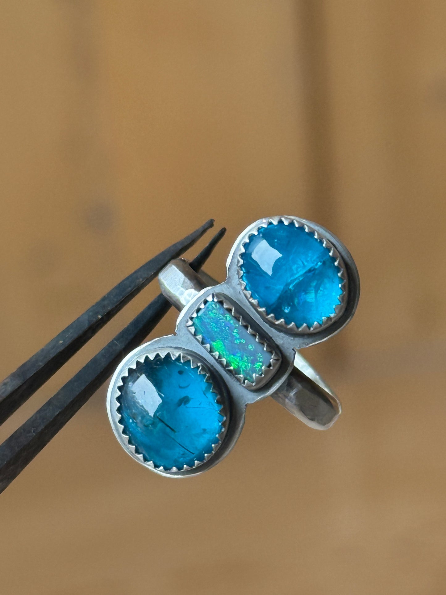 Blue Apatite and opal Ring US 8 UK P 1/2