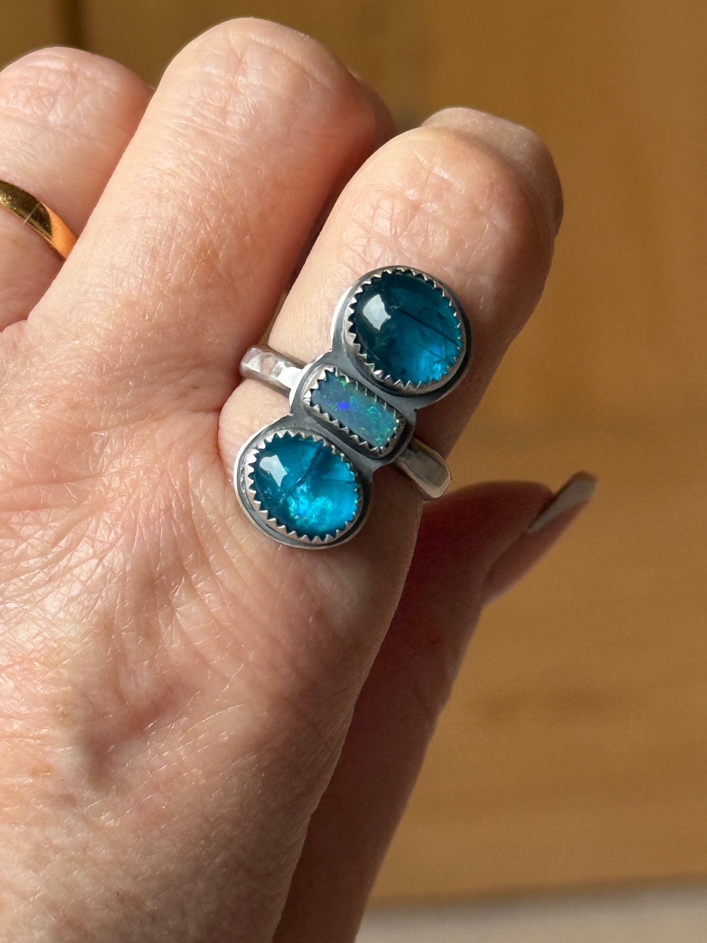 Blue Apatite and opal Ring US 8 UK P 1/2