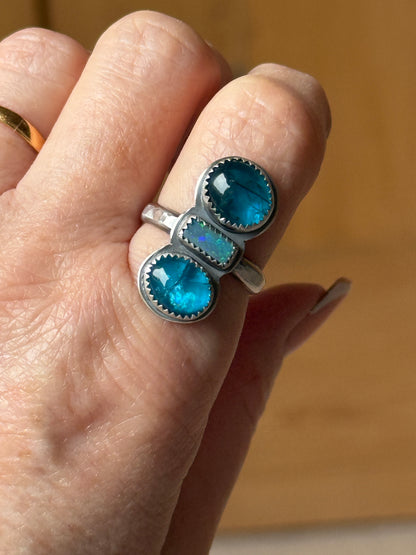 Blue Apatite and opal Ring US 8 UK P 1/2