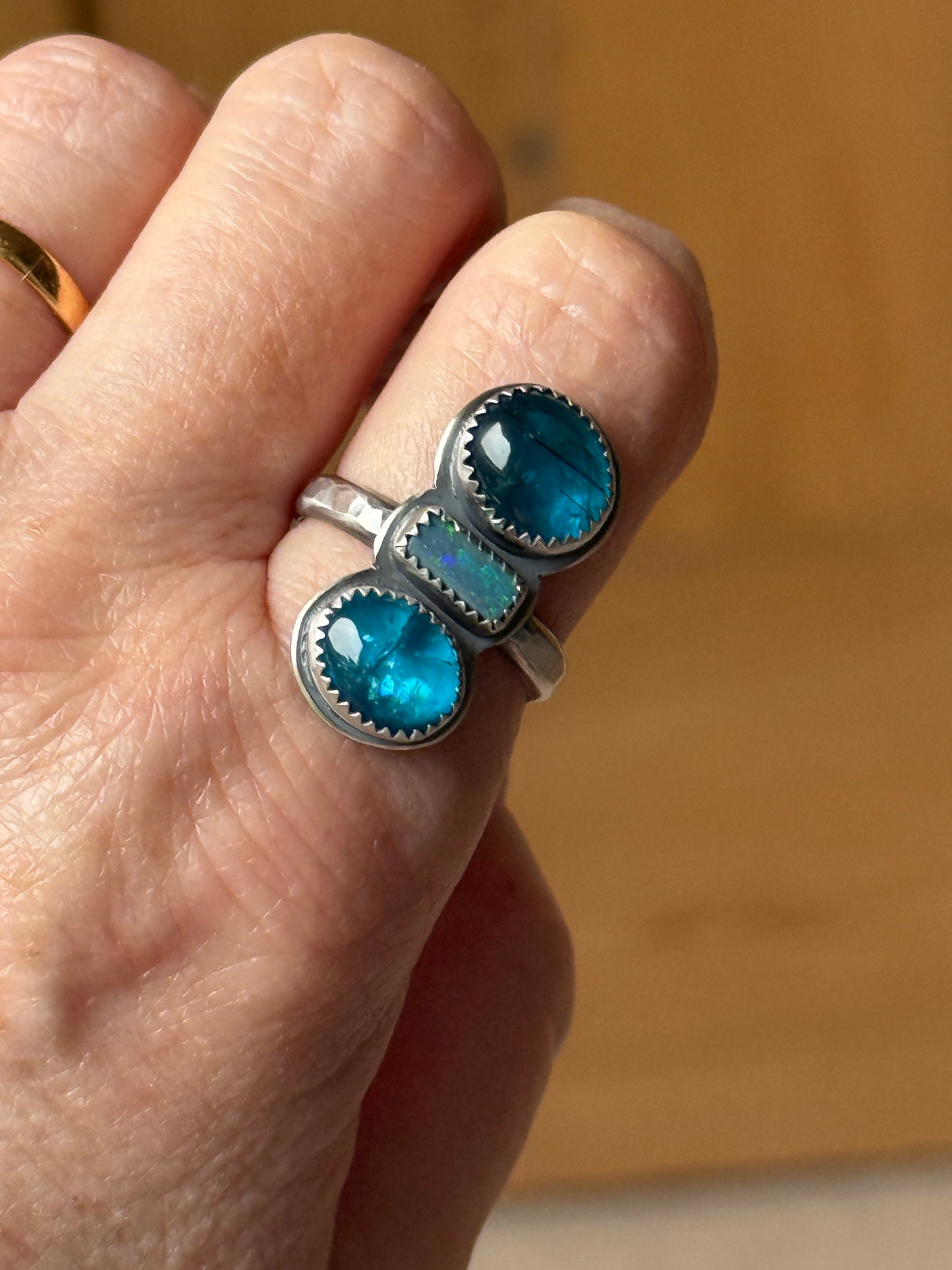 Blue Apatite and opal Ring US 8 UK P 1/2