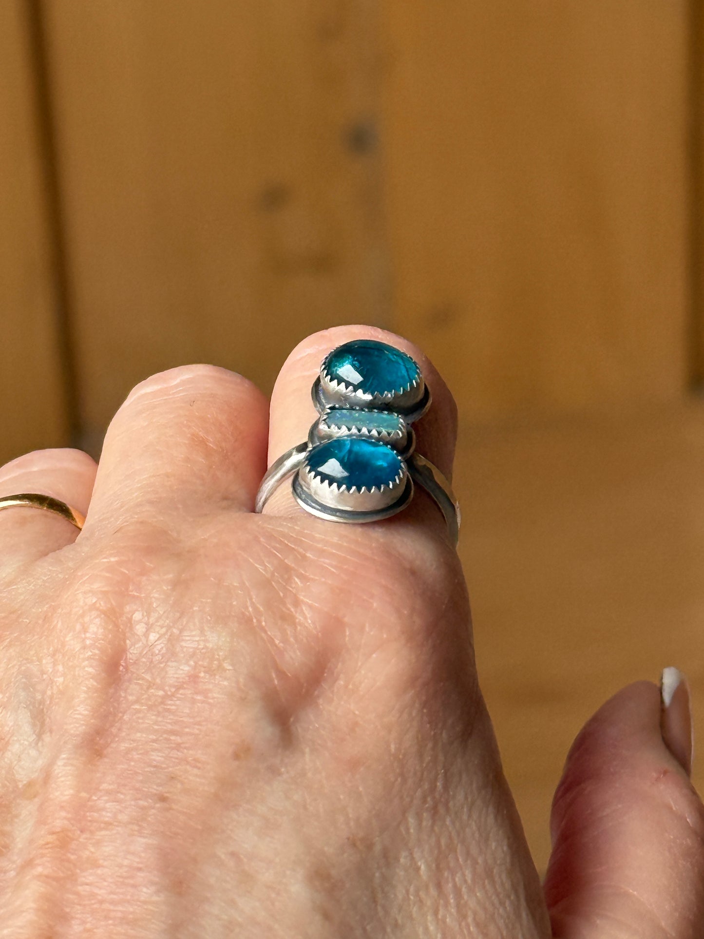 Blue Apatite and opal Ring US 8 UK P 1/2