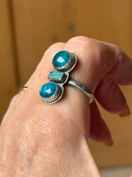 Blue Apatite and opal Ring US 8 UK P 1/2
