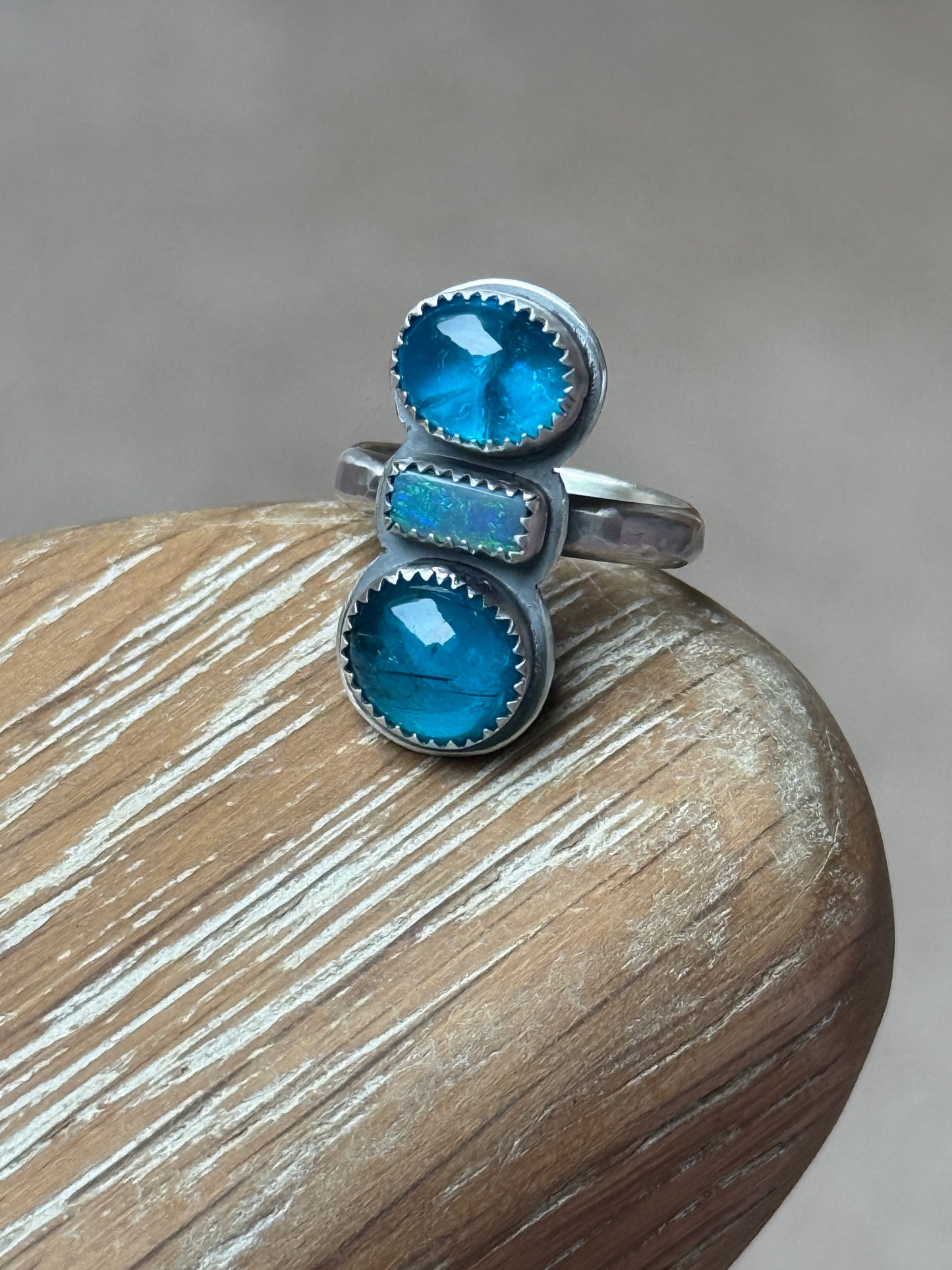 Blue Apatite and opal Ring US 8 UK P 1/2