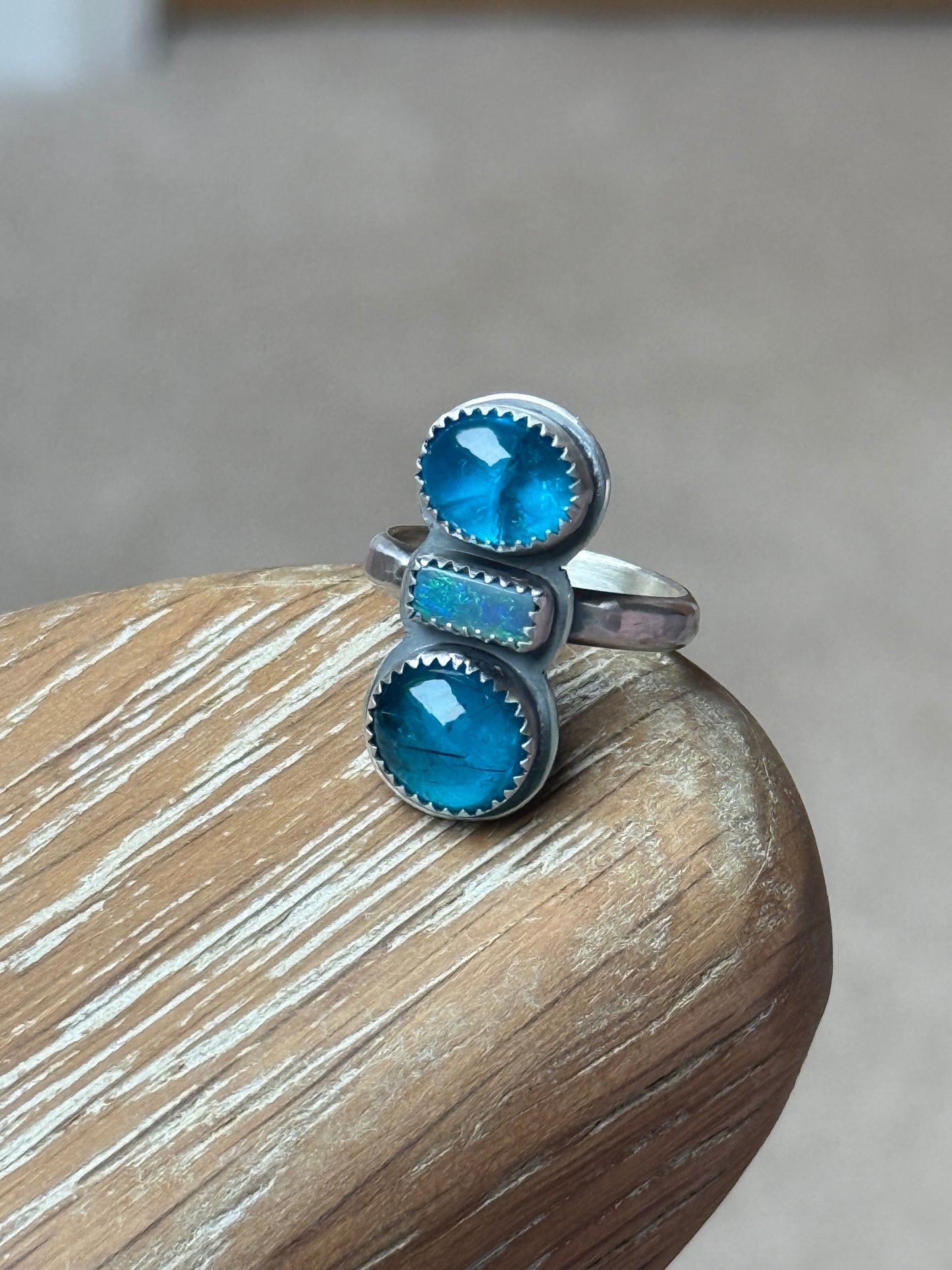 Blue Apatite and opal Ring US 8 UK P 1/2