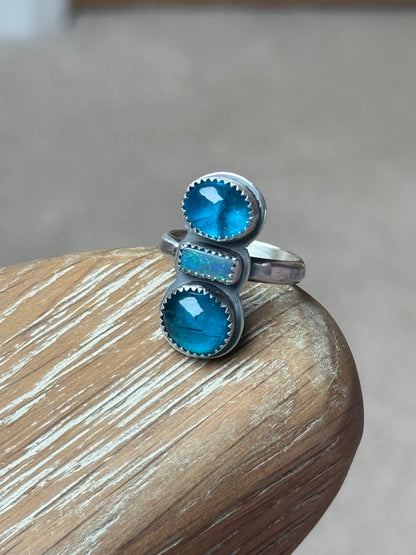 Blue Apatite and opal Ring US 8 UK P 1/2