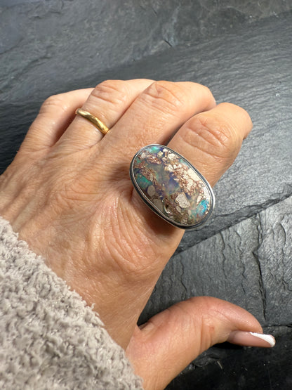 Blue/green Boulder Opal Ring US 7 UK N 1/2