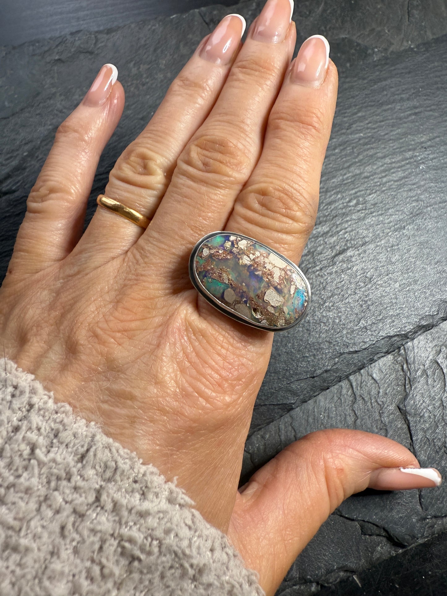 Blue/green Boulder Opal Ring US 7 UK N 1/2