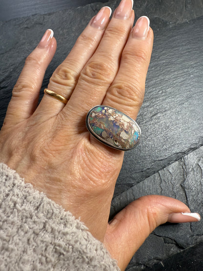 Blue/green Boulder Opal Ring US 7 UK N 1/2