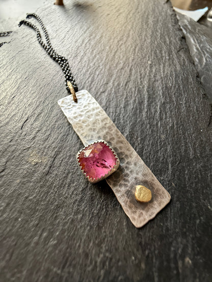 Pink Tourmaline Gemstone Bar Necklace